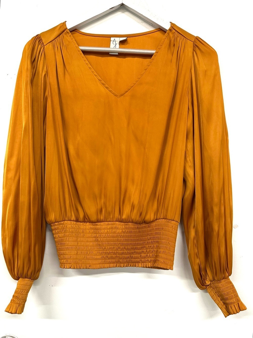 Joie Boho Satin Peasant Blouse Vneck smocked S Party puff sleeve Party Office